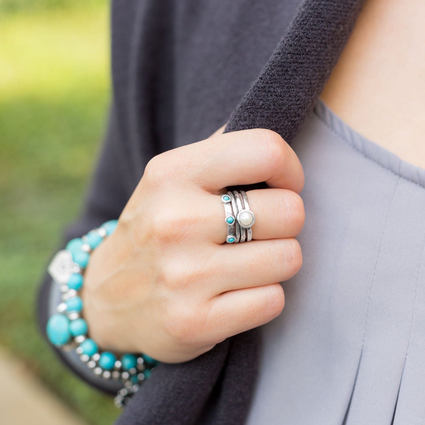 Sterling Silver Cultured Freshwater Pearl and Turquoise Ring