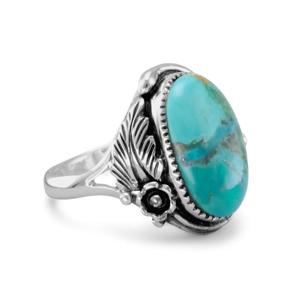 Oval Sterling Silver Art Deco Turquoise Floral Design Ring