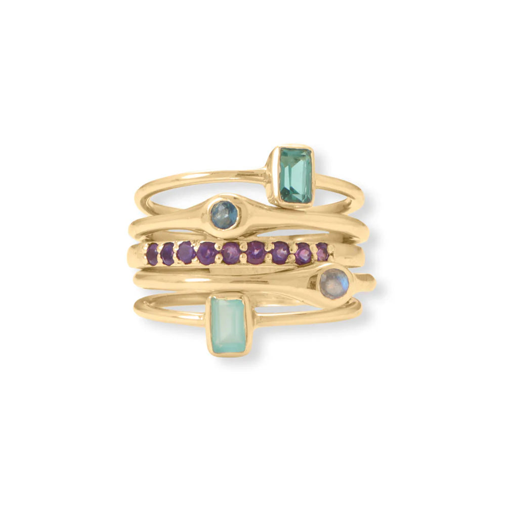 Life in Color!  14 Karat Gold and Gemstones Five Stacking Ring Set