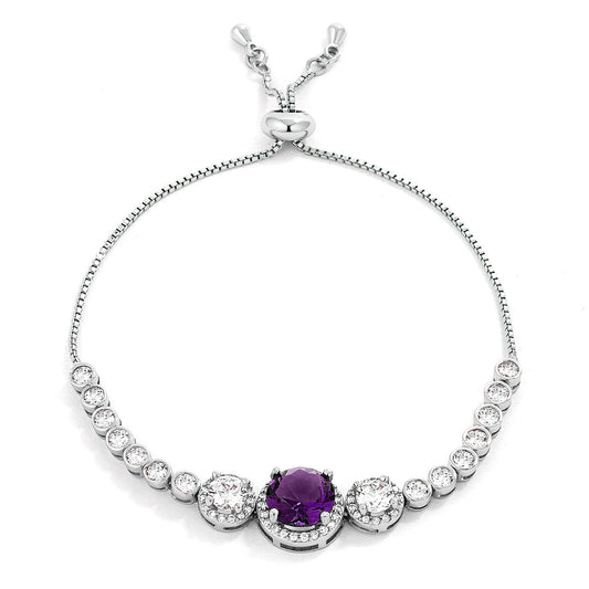 Adjustable Silver Plated Graduated Purple & Clear CZ Bolo Style Tennis Bracelet