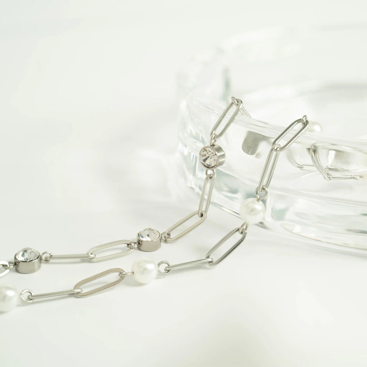 18K Gold PVD Stainless Steel Station Pearl Paperclip Bracelet