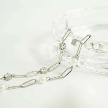 18K Gold PVD Stainless Steel Station Pearl Paperclip Bracelet