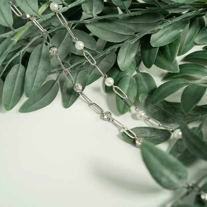 18K Gold PVD Stainless Steel Station Pearl Paperclip Bracelet