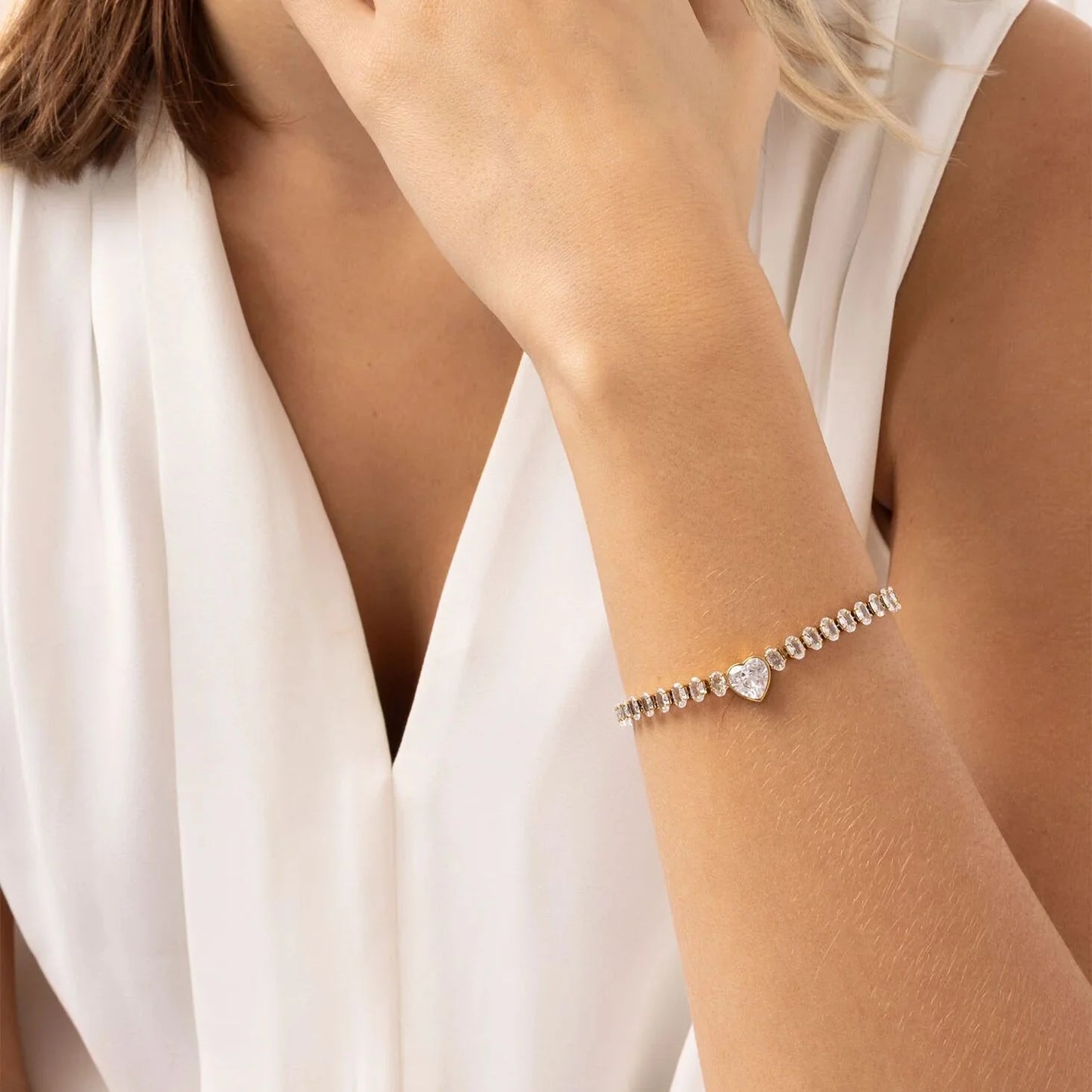 18K Gold | Stainless Steel Tennis Chain Bracelet with Heart CZ Marquis Center Stone