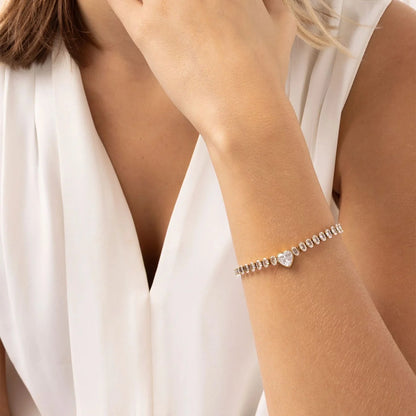 18K Gold | Stainless Steel Tennis Chain Bracelet with Heart CZ Marquis Center Stone