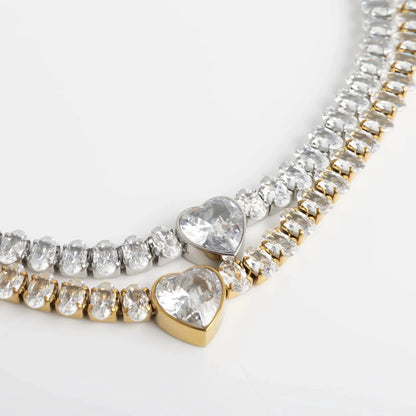 18K Gold | Stainless Steel Tennis Chain Bracelet with Heart CZ Marquis Center Stone