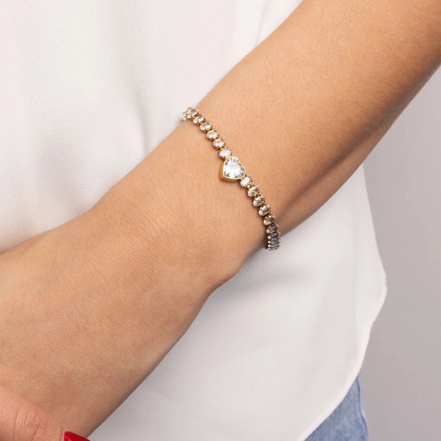18K Gold | Stainless Steel Tennis Chain Bracelet with Heart CZ Marquis Center Stone