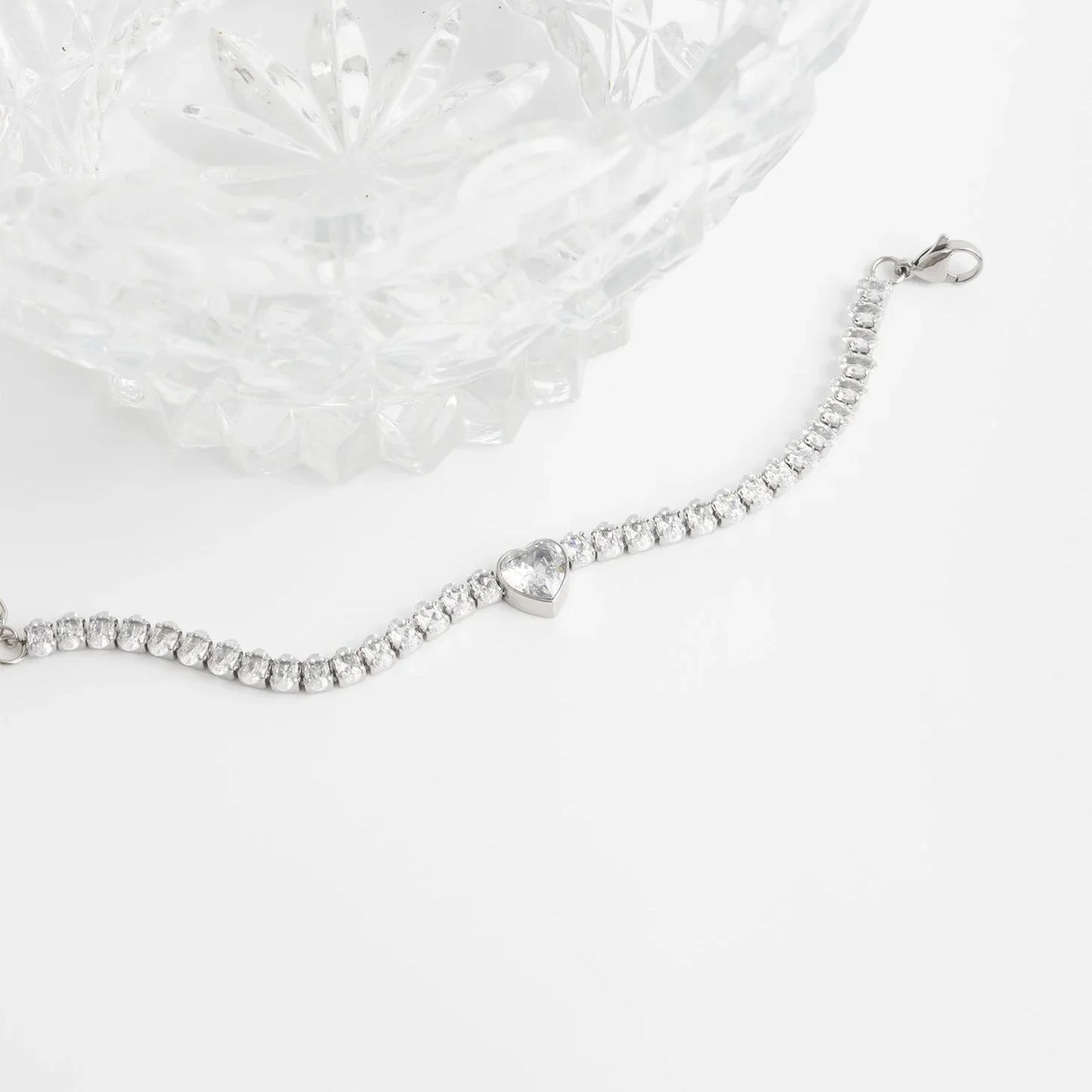 18K Gold | Stainless Steel Tennis Chain Bracelet with Heart CZ Marquis Center Stone
