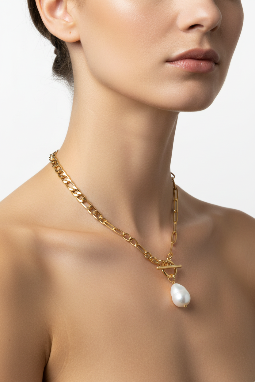 18K Gold | Stainless Carabiner Necklace Freshwater Pearl
