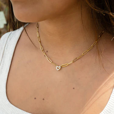 18K Gold PVD Stainless Steel Stone "Heart" Paperclip Chain Necklace