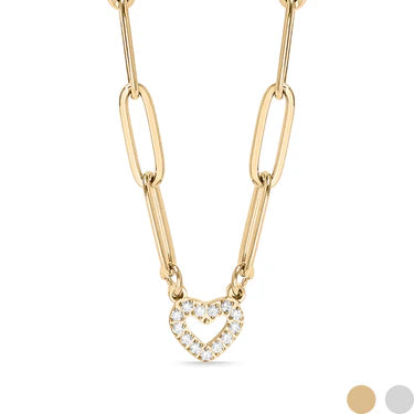 18K Gold PVD Stainless Steel Stone "Heart" Paperclip Chain Necklace