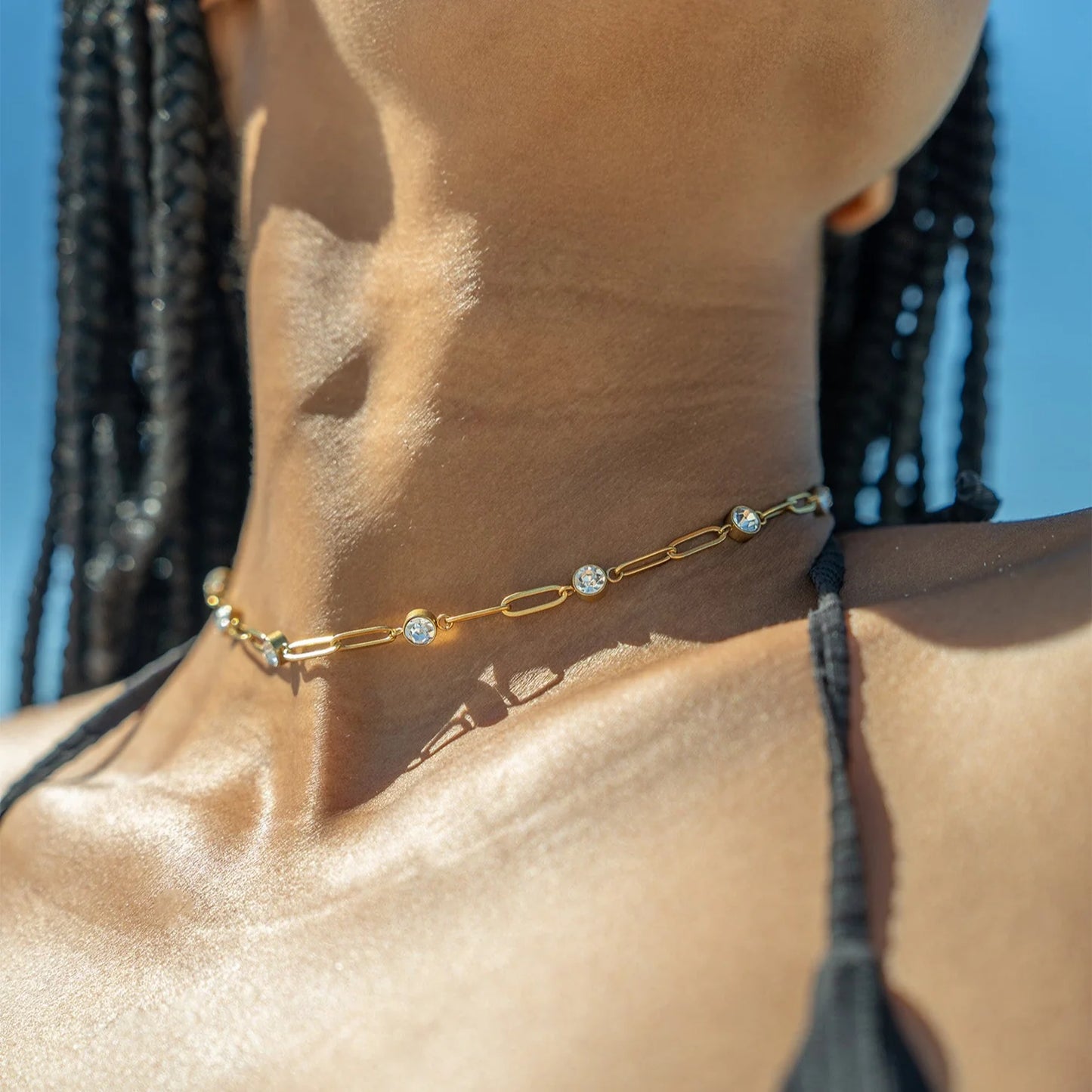 18K Gold PVD Stainless Steel Crystal Stone Paperclip Chain Necklace