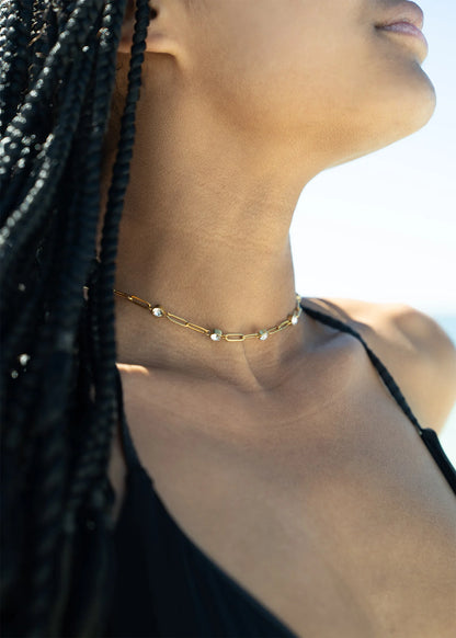 18K Gold PVD Stainless Steel Crystal Stone Paperclip Chain Necklace