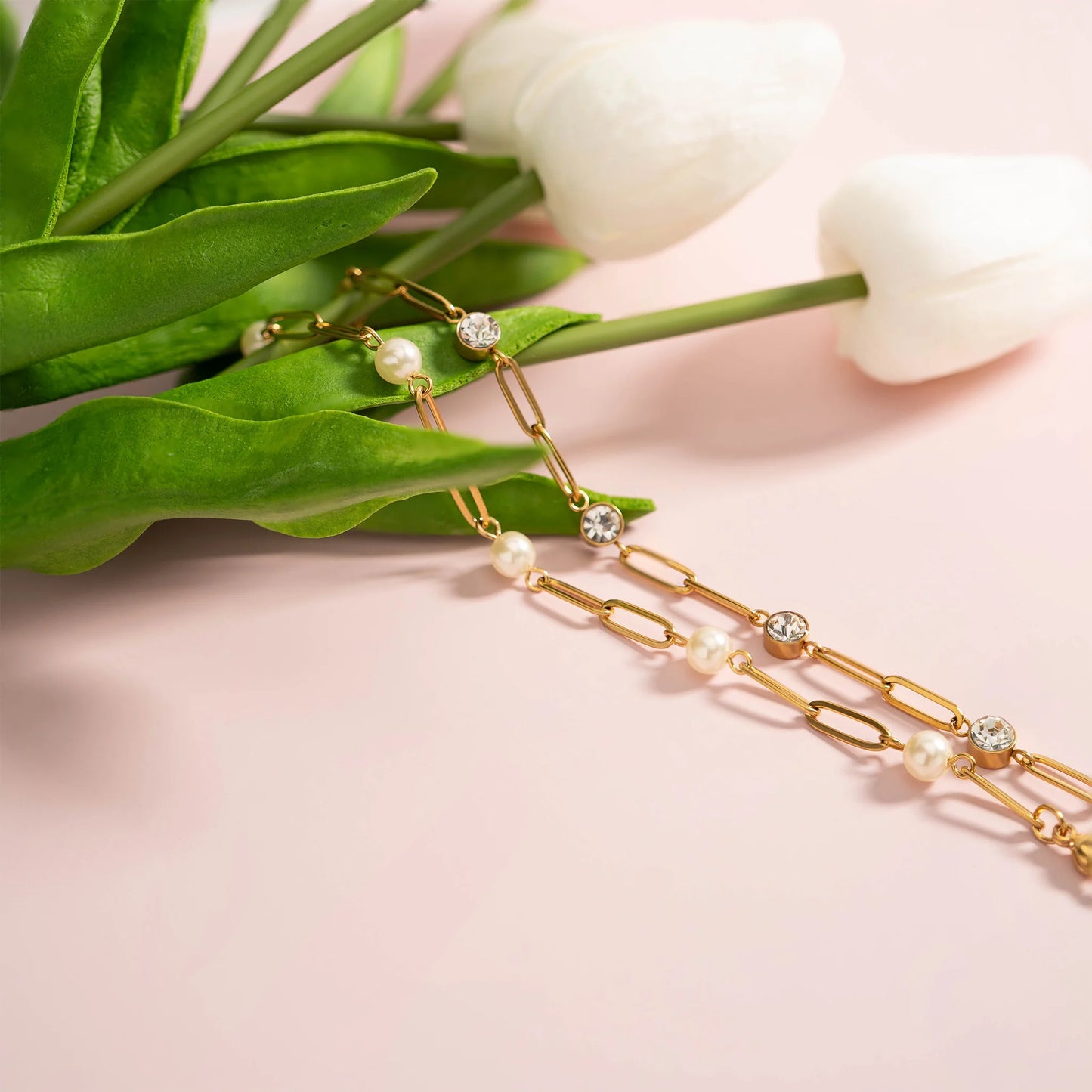 18K Gold PVD Stainless Steel Station Pearl Paperclip Bracelet