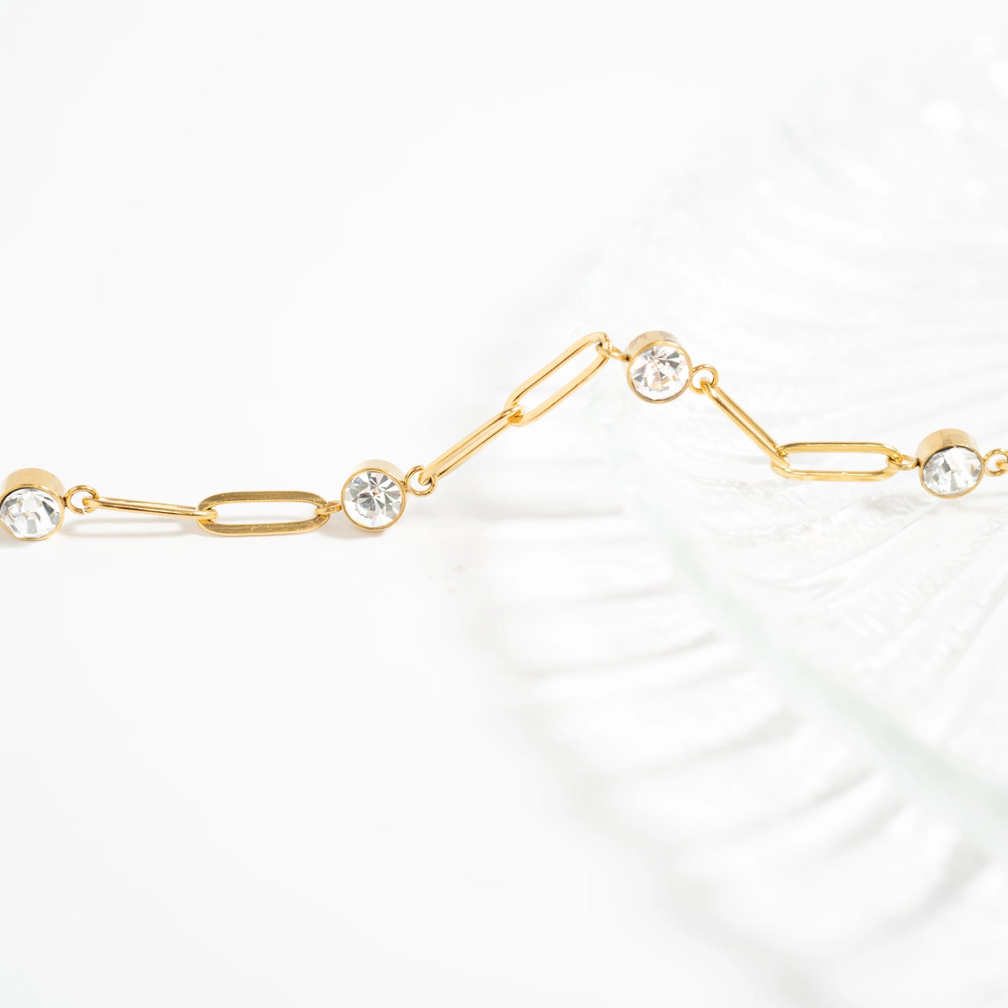 18K Gold PVD Stainless Steel Crystal Stone Paperclip Chain Necklace