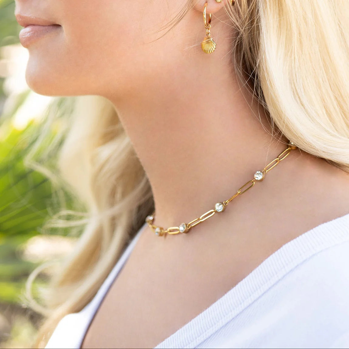 18K Gold PVD Stainless Steel Crystal Stone Paperclip Chain Necklace