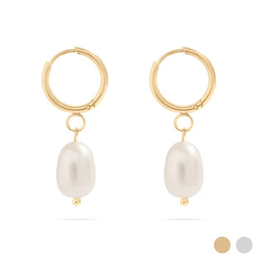 18K Gold | Stainless Steel Huggie Hoop with Freshwater Pearl Earrings