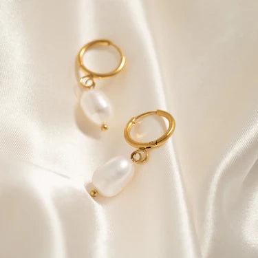 18K Gold | Stainless Steel Huggie Hoop with Freshwater Pearl Earrings