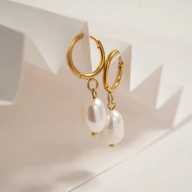 18K Gold | Stainless Steel Huggie Hoop with Freshwater Pearl Earrings