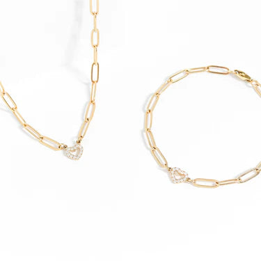 18K Gold PVD Stainless Steel Stone "Heart" Paperclip Chain Necklace