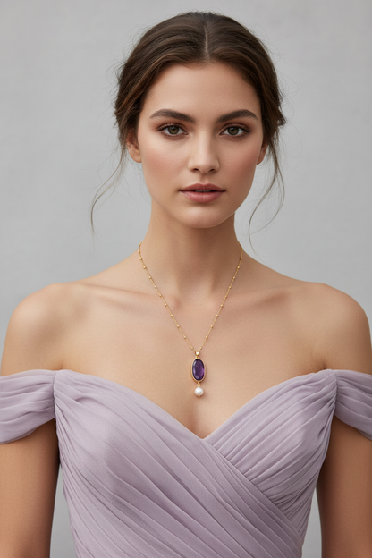 16" + 2" 14 Karat Gold Plated Amethyst and Pearl Necklace