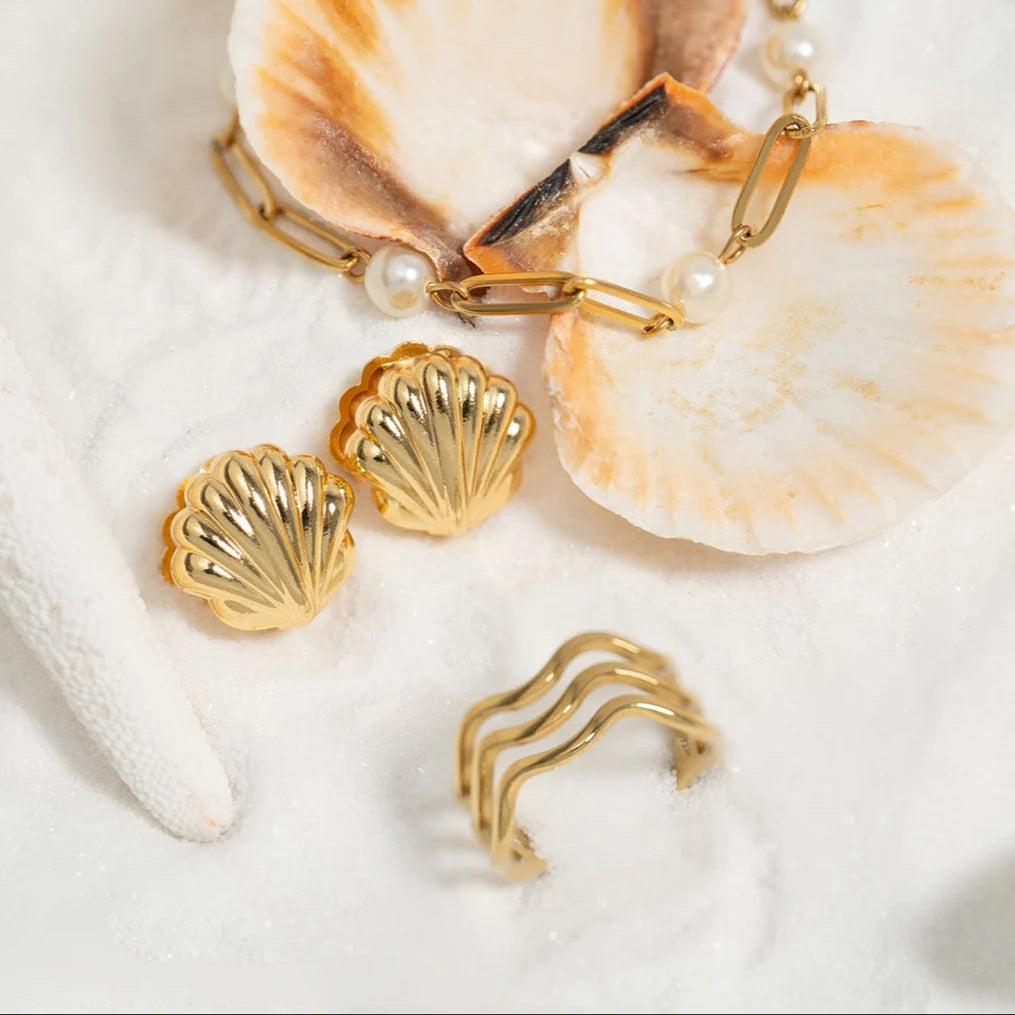 18K Gold PVD Stainless Steel Station Pearl Paperclip Bracelet