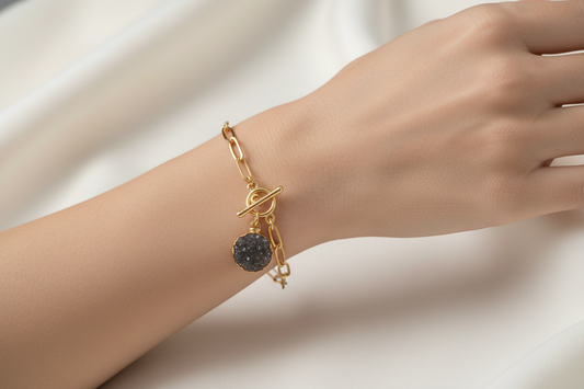 8" Gold Tone Grey Druzy Paperclip Style Fashion Toggle Bracelet