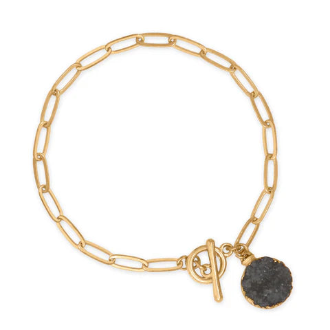 8" Gold Tone Grey Druzy Paperclip Style Fashion Toggle Bracelet