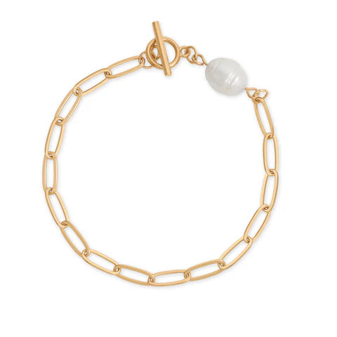 8" Gold Paperclip Cultured Freshwater PearlToggle Bracelet