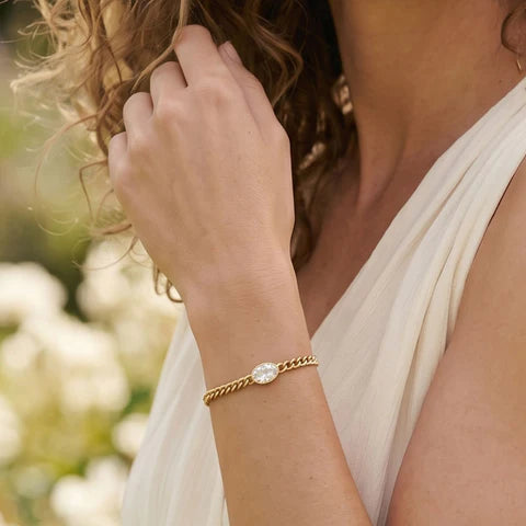 18 Karat Gold "Pop of Sparkle" Stainless Steel CZ Curb Chain Bracelet