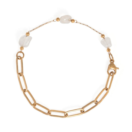 18 Karat Gold  Stainless Steel Quartz Crystal, Onyx or Turquoise Station Bracelet