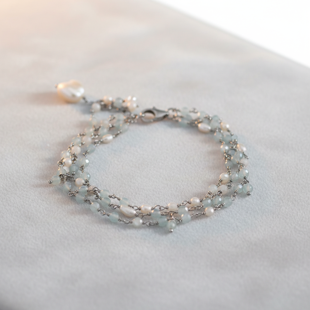7"+1" Three Strand Aquamarine and Cultured Freshwater Pearl Bracelet