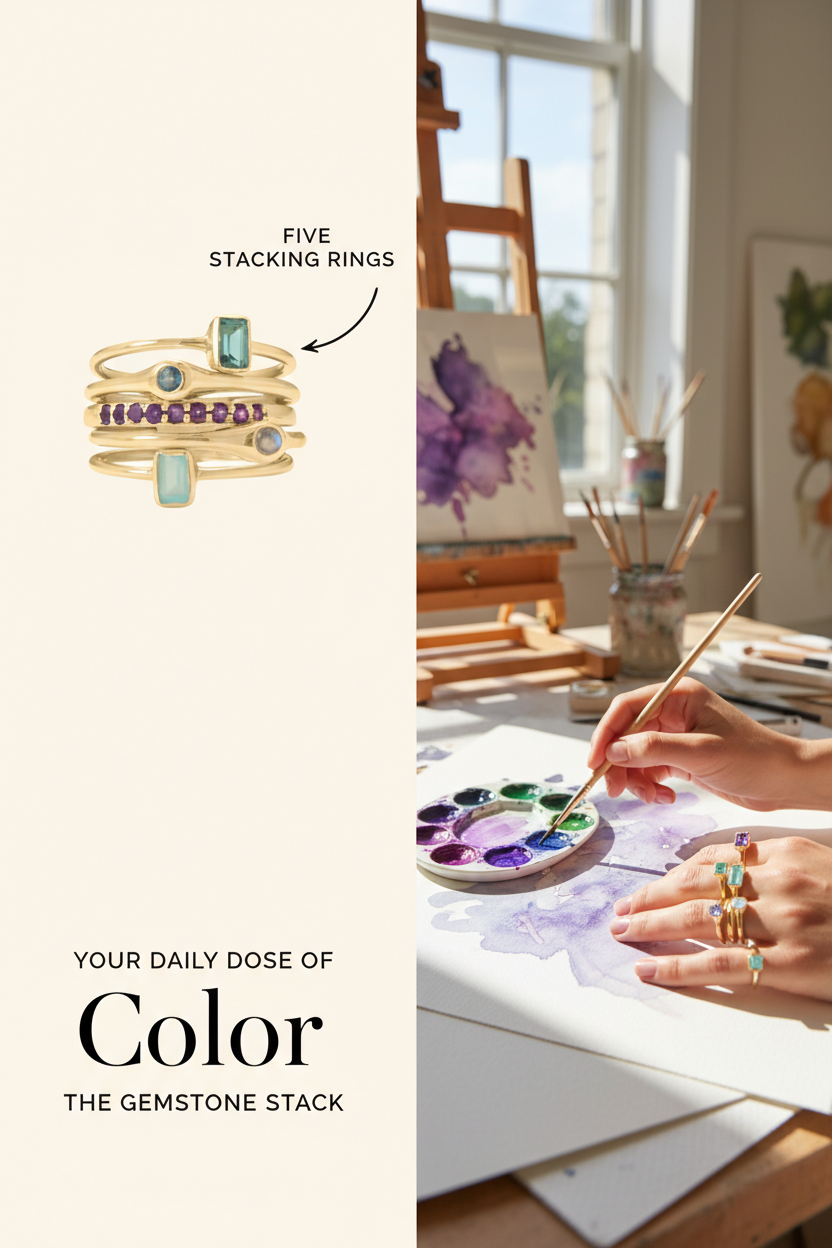 Life in Color!  14 Karat Gold and Gemstones Five Stacking Ring Set