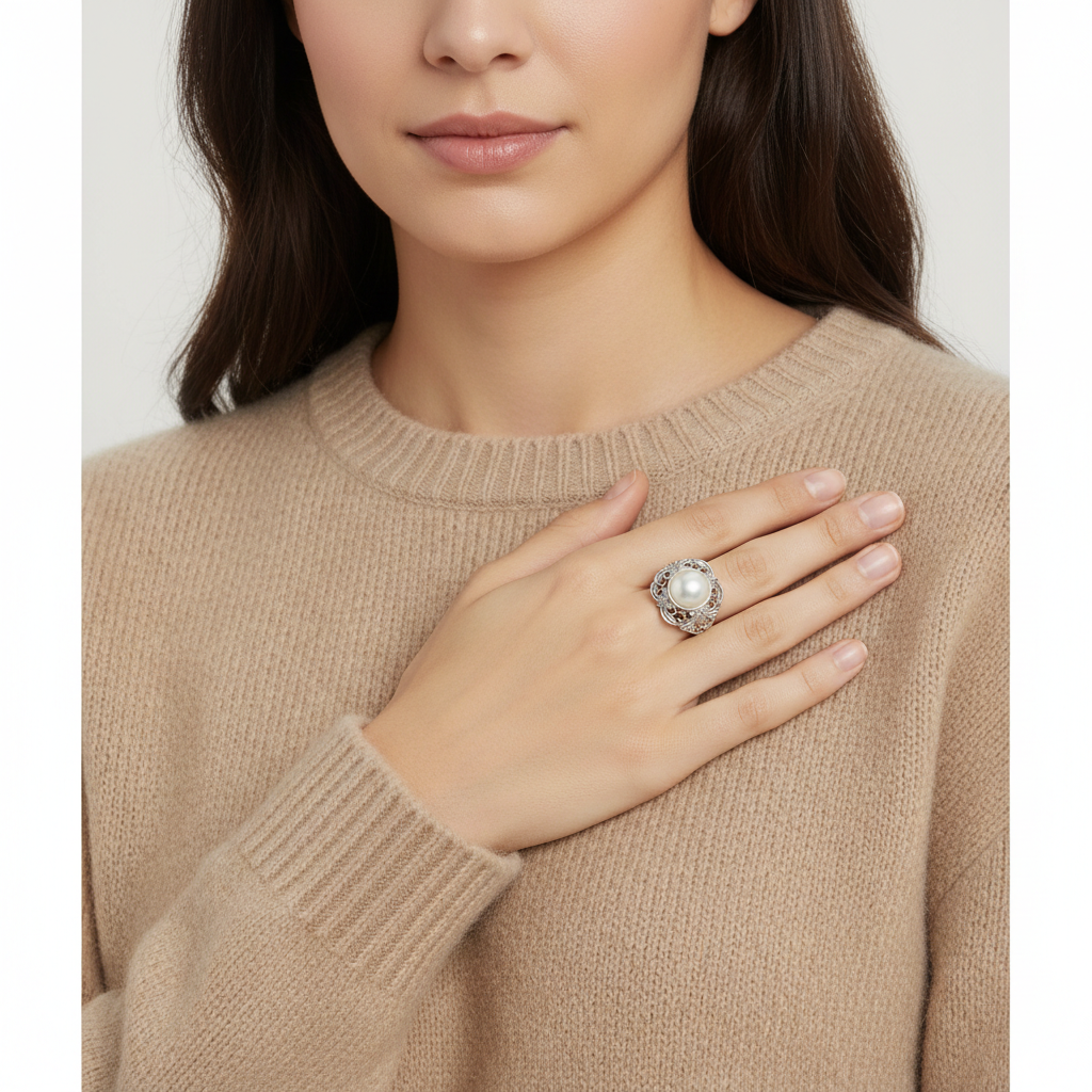 Ornate Silver and Cultured Freshwater Pearl Ring