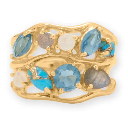 14 Karat Gold Plated Blue Multi Stone Cluster Ring