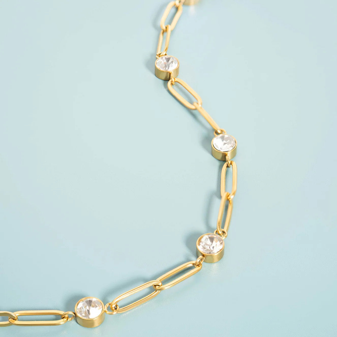 18K Gold PVD Stainless Steel Crystal Stone Paperclip Chain Necklace