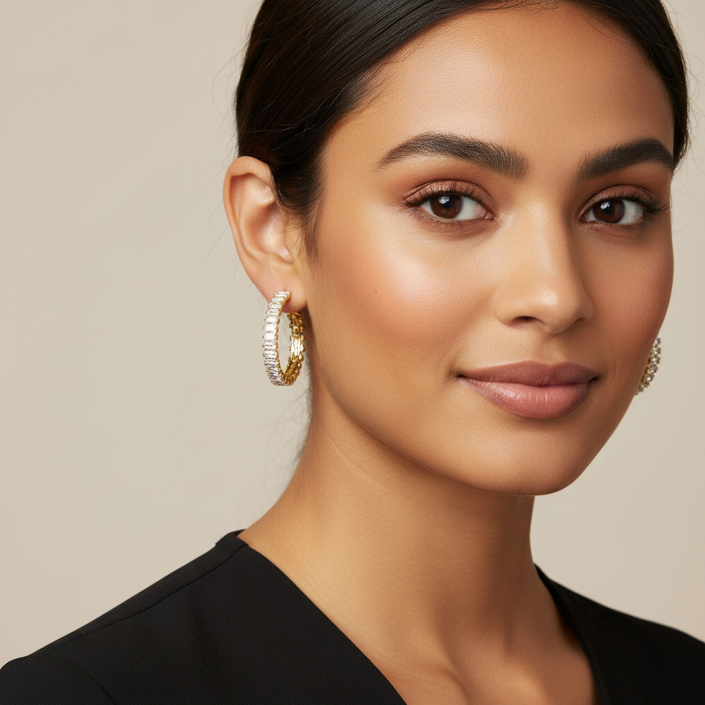 Gold Tone Baguette CZ Fashion Hoop Earrings