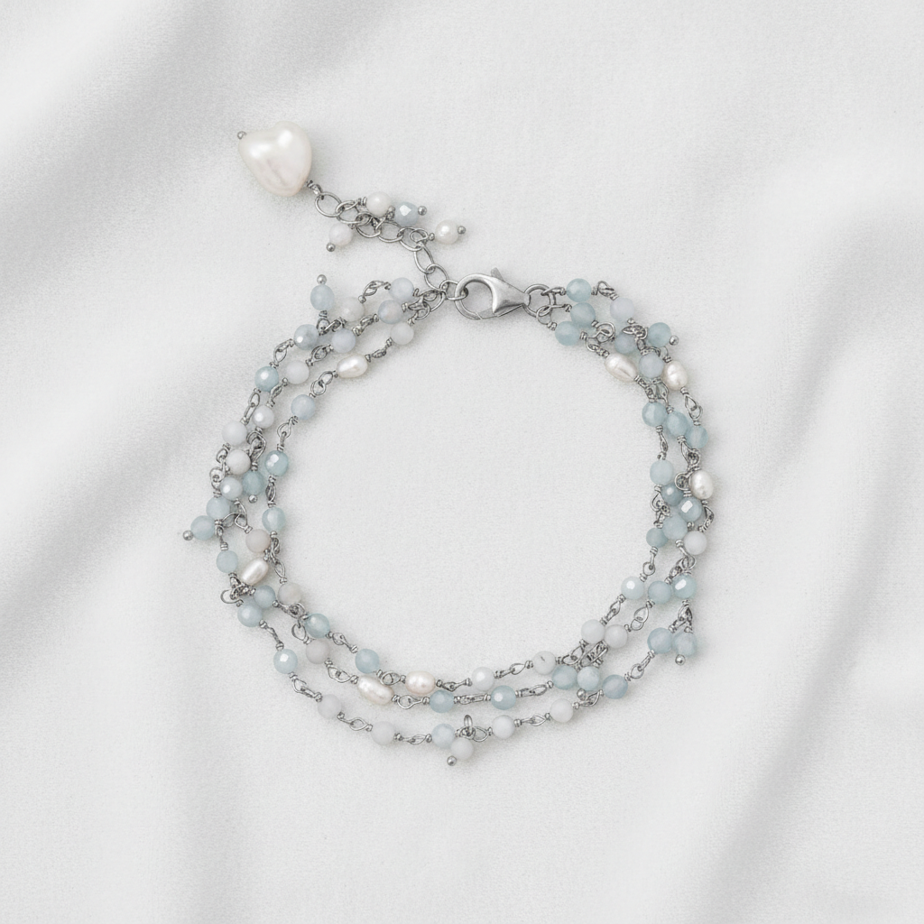7"+1" Three Strand Aquamarine and Cultured Freshwater Pearl Bracelet
