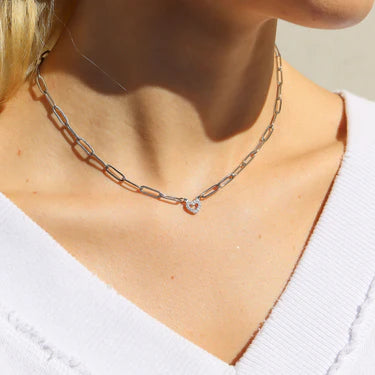 18K Gold PVD Stainless Steel Stone "Heart" Paperclip Chain Necklace